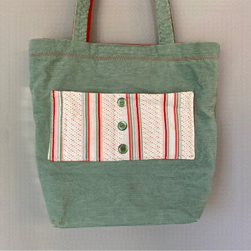 Vintage Handmade Sage Green & Poppy Red Corduroy Bag with Buttons